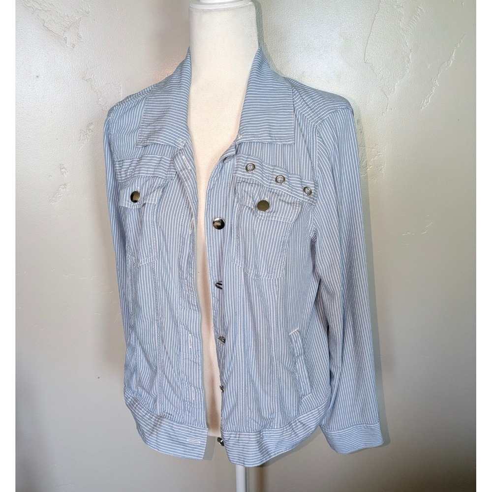 FeelGoodStore Striped Button Front Jacket Large Blue White Lightweight Rayon